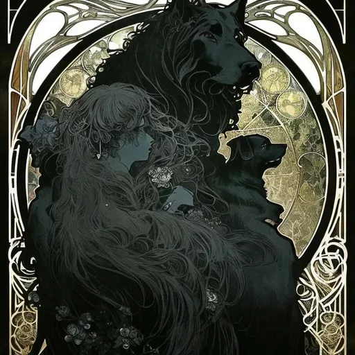 Prompt: Alphonse Mucha, Ayami Kojima, and Luis Royo; full body splash art of a huge scary black dog looking at the camera, magical, menacing, all black fur, detailed eyes, detailed face, elegant, intricate, details, detailed, hyperrealistic, splash art, realistic style, fantasy, elegant, highly detailed, smooth, chiaroscuro, sharp focus, artstation, digital painting, concept art, D&D, fantasy