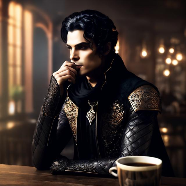 Prompt: A handsome dark haired cruel fae prince, prince of the north, drinking coffee, highly detailed full body, masculine, just one head, long hair, shimmering, wearing dark clothes clothes, inside a cozy coffee shop, epic composition, ultra wide-shot, dynamic pose, concept art, dramatic lighting, digital painting, smooth, character design, ((sharp focus))