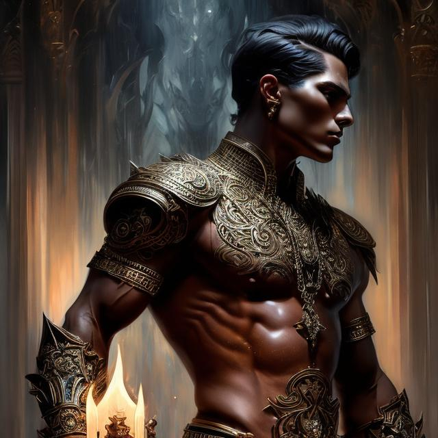 Prompt: Full body splash art of the male god of death, scars, handsome, short hair, androgynous, feminine, charming, flirty, elegant, highly detailed, intricate, smooth, chairoscuro, sharp focus, artstation, digital painting, concept art, art by greg rutkowski, alphonse mucha and John William Waterhouse, D&D, fantasy