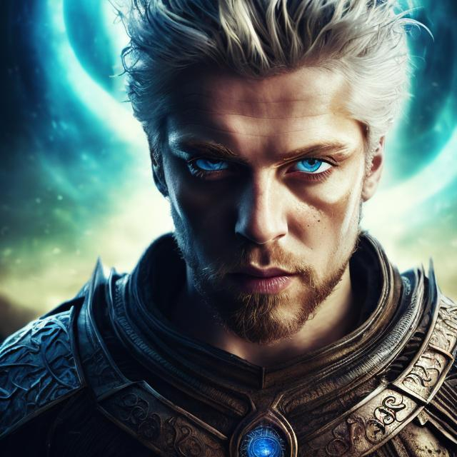 Prompt: splash art of a man, white hair, bright blue eyes, intense eyes, warrior, warlock, mystical, body art, jewelry, highly detailed, cinematic lighting, beautiful, chiaroscuro, 8k, realistic, wearing a dramatic dress, open eyes, masterpiece, on the planet Arrakis, Dune, 