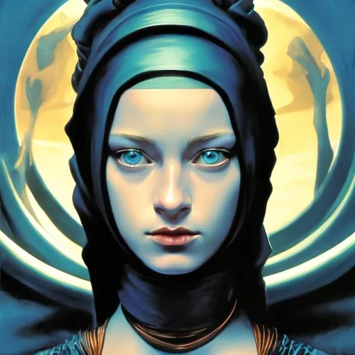 Prompt: splash art portrait of a young Bene Gesserit, art by Artemisia Gentileschi, beautiful, blue eyes, Fremen, masterpiece, chiaroscuro, highly detailed, Dune, jewelry