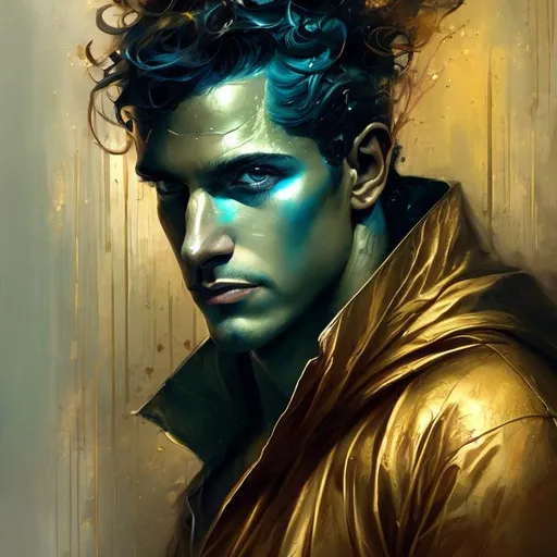 Prompt: art by Bastien Lecouffe Deharme and Billelis; splash art of the god Hermes in his 40s, handsome, golden, sensual, looking at the camera, powerful, cunning, androgynous, Greek, masterpiece, perfect male, highly detailed, detailed eyes, looking at the camera, fantasy, high definition, realistic, digital art, masterpiece, caduceus