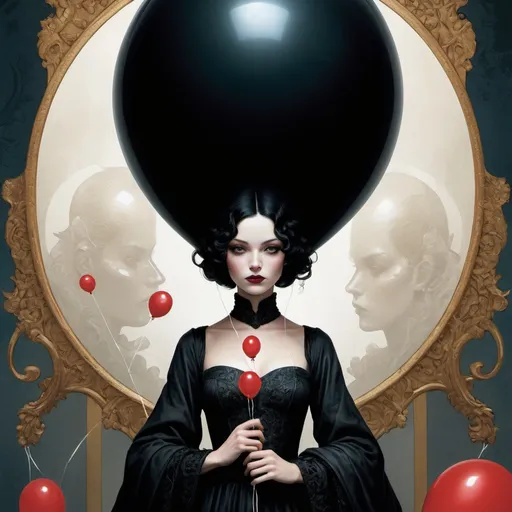 Prompt: comics cover by Bastien Lecouffe-Deharme, Hayv Kahraman, Erik Madigan Heck, Nicholas Hughes, Nicholas Hilliard, Daarken, faerietale couture, dark fantasy balloon goddess, highly detailed, shiny