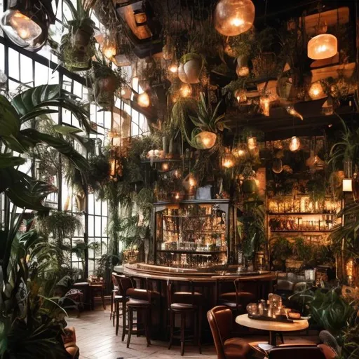 Prompt: a cozy cafe bar in a solarium, many many plants, many orchids, flowers, hanging plants, leather sofas, big chairs, twinkling lights, cozy bar, wide shot, concept art, architecture, Berlin, comfortable interior, witchy