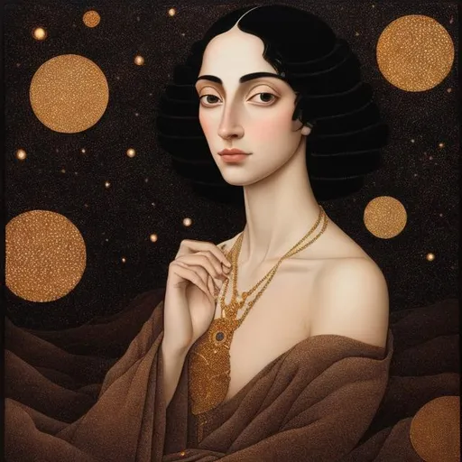 Prompt: art by Hayv Kahraman, portrait of a dark goddess, ethereal, starry background, elegant, beautiful, masterpiece, HD, 8k, highly detailed, looking at the camera