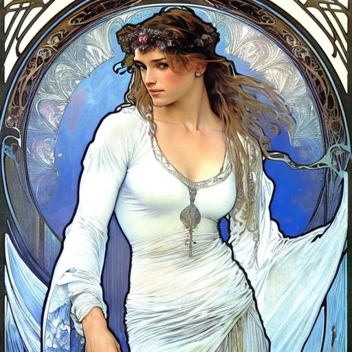 Prompt: art by Alphonse Mucha and Luis Royo, splash art of the god Apollo wearing only a long skirt, beautiful, athletic, blonde hair, masterpiece, perfect male, highly detailed, detailed eyes, looking at the camera, fantasy, high definition, realistic, digital art, masterpiece, 