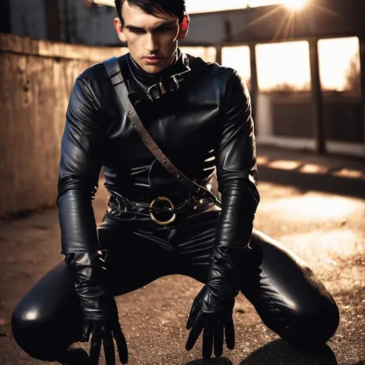 Prompt: A photo of a beautiful man, full body, wearing black leather, leather pants, leather gloves, handcuffs, restraints, tied up, captured, with short dark hair, dark eyes, natural light, dark colors, outside at dusk