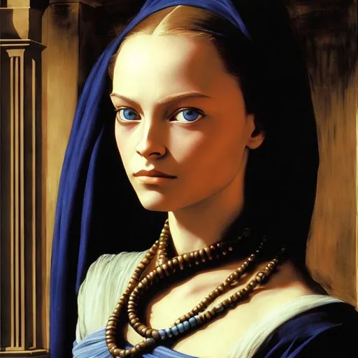 Prompt: portrait of a young Bene Gesserit, art by Artemisia Gentileschi, beautiful, blue eyes, Fremen, masterpiece, chiaroscuro, highly detailed, Dune, jewelry