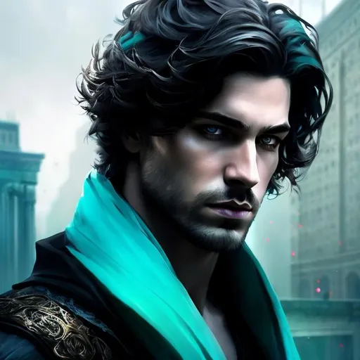 Prompt: portrait splash art of a cruel fae prince with turquoise eyes, man, beautiful, cold, assassin, looking at the camera, in a modern city, masterpiece, sensual, long hair, desire, open eyes, visible face, 8k, highly detailed, intricate, smooth, sharp focus, artstation, digital painting, concept art, art by greg rutkowski, Alphonse Mucha, Luis Royo, and John William Waterhouse, D&D, urban fantasy, 