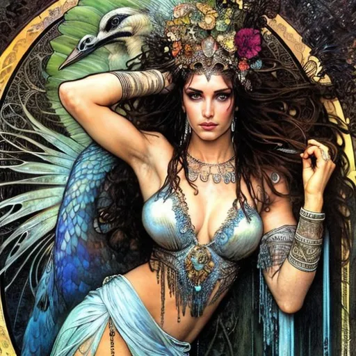 Prompt: art by Luis Royo and Alphonse Mucha, full body splash art of the goddess Hera, fully dressed, long dress, covered, 40 years old, fully dressed, braided hair, highly detailed, detailed eyes, looking at the camera, fantasy, high definition, realistic, digital art, masterpiece, peacock feathers, 