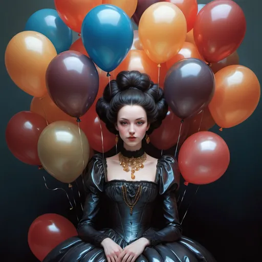 Prompt: art by Bastien Lecouffe-Deharme, Hayv Kahraman, Erik Madigan Heck, Nicholas Hughes, Nicholas Hilliard, Daarken, dark fantasy balloon witch, wearing shiny clothes, sitting on balloons, masterpiece, classical beauty, beautiful, desirable, smiling, highly detailed, shiny, balloon hair, metallic color balloons, colorful, war, glow, cinematic lighting, surrounded by balloons, interacting with balloons