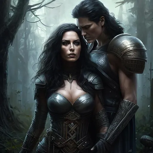 Prompt: portrait image of a couple, two people, a tall man and a woman, warriors, god, goddess, Greek heritage, in love, dark hair, dark leather, dark dress, outside in the forest, in love, embracing, detailed eyes, detailed face, details, soft colors, detailed, hyperrealistic, splash art, realistic style, fantasy, chthonic, dangerous, flirty, elegant, highly detailed, intricate, smooth, chiaroscuro, sharp focus, artstation, digital painting, concept art, D&D, fantasy