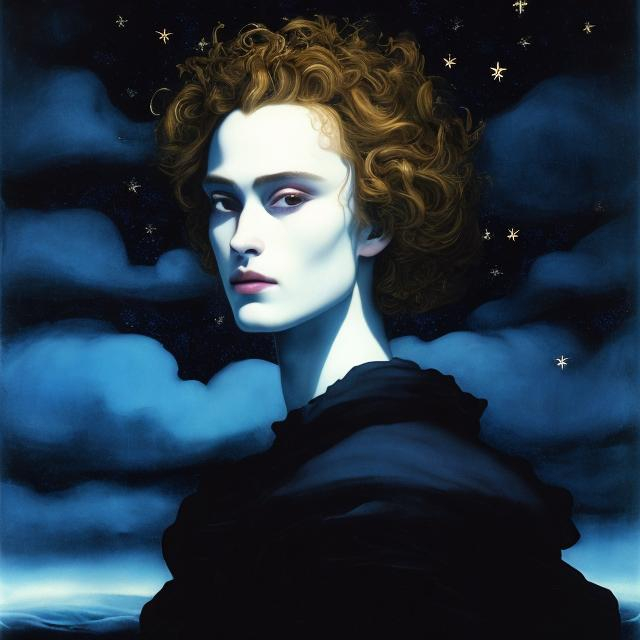 Prompt: art by Nicholas Hilliard, Nicholas Hughes; portrait of a dark god, ethereal, underworld, starry background, elegant, desirable, beautiful, masterpiece, HD, 8k, highly detailed, looking at the camera