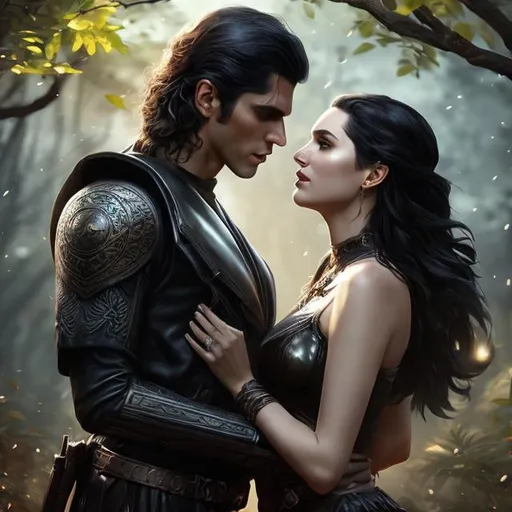 Prompt: full body photograph of a tall man and woman, Greek ancestry, in love, dark hair, dark leather, outside in the forest, kissing, in love, embracing, detailed eyes, detailed face, detailed, hyperrealistic, splash art, realistic style, fantasy