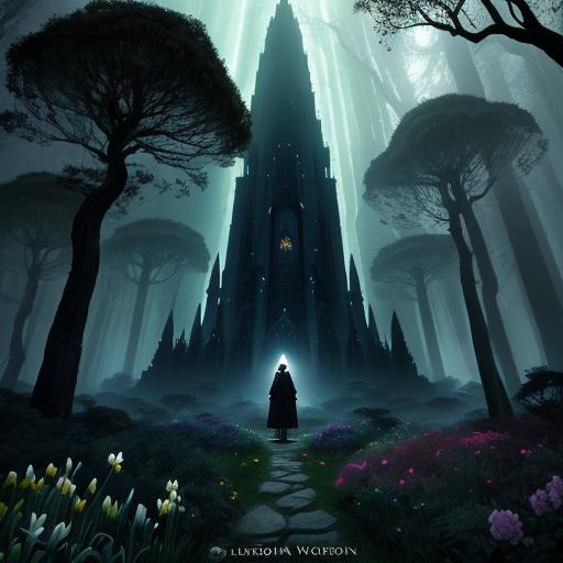 Prompt: A tall humanoid dwarved by a black palace surrounded by a great expanse of a luscious wild garden with narcissus flowers and cypress tress, surrounded by an ethereal black and reddish mist, he is standing on an overgrown path, behance HD, underworld, aurora borealis, fantasy,