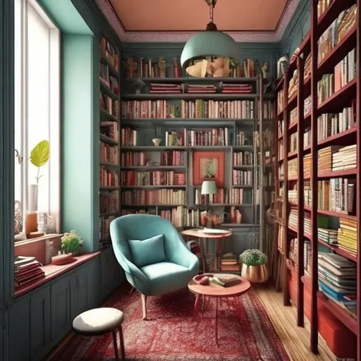 Prompt: a corner room in an apartment, library, with a small table, cozy chair, cold colors, small room