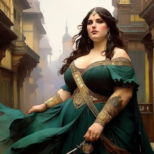 Prompt:  art by greg rutkowski, Alphonse Mucha, and John William Waterhouse, full body splash art of a fat sorceress, beautiful, friendly, looking at the camera, masterpiece, sensual, desire, open eyes, visible face, 8k, highly detailed, intricate, smooth, sharp focus, artstation, digital painting, concept art, D&D, fantasy, 