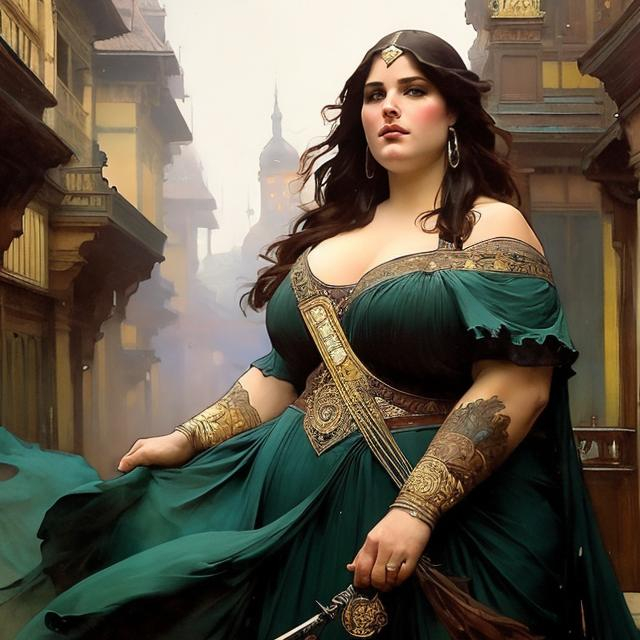 Prompt:  art by greg rutkowski, Alphonse Mucha, and John William Waterhouse, full body splash art of a fat sorceress, beautiful, friendly, looking at the camera, masterpiece, sensual, desire, open eyes, visible face, 8k, highly detailed, intricate, smooth, sharp focus, artstation, digital painting, concept art, D&D, fantasy, 