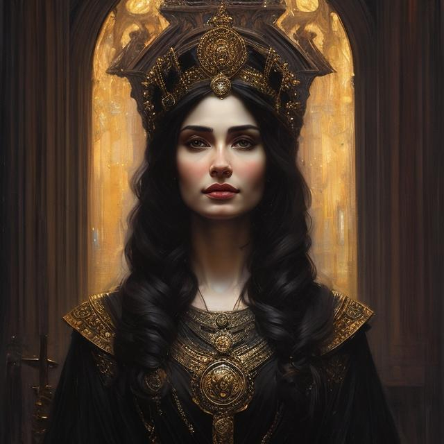 Prompt: portrait splash art of the goddess Hecate, detailed face, older, with dogs, long hair, feminine, small chest, dangerous, elegant, highly detailed, intricate, smooth, chiaroscuro, sharp focus, artstation, digital painting, concept art, art by greg rutkowski, John William Waterhouse, D&D, fantasy, at dusk