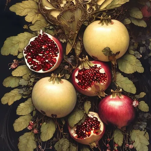 Prompt: Alphonse Mucha, Ayami Kojima, and Luis Royo; a close up of a pomegranate, fruit, elegant, intricate, details, detailed, flowers in the background, dark background, hyperrealistic, splash art, realistic style, fantasy, elegant, highly detailed, smooth, chiaroscuro, sharp focus, artstation, digital painting, concept art, D&D, fantasy