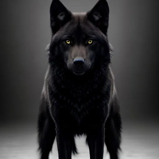 Prompt: full body splash art of a black wolf, full body, all black fur, looking at the camera, realistic, details, open eyes, 8k, highly detailed, intricate, symmetrical, smooth, sharp focus, artstation, digital painting, concept art, x D&D, fantasy, 