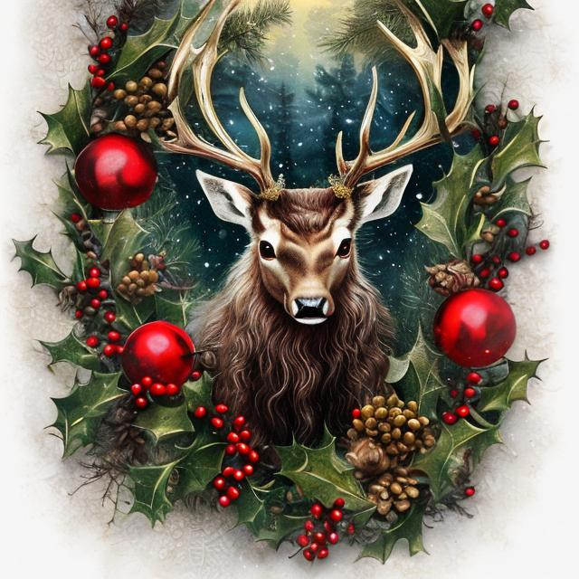 Prompt: yule stag, beautiful, highly detailed, glowing, Holly, Oak, Mistletoe, Ivy, Evergreens, Laurel, Bayberry, Blessed Thistle, Frankincense, Pine, Sage, Yellow Cedar; colors: red, green white, silver, gold; festive, realistic, photorealism, artistic, studio photograph, designer, holiday card