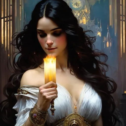 Prompt:  art by greg rutkowski, Alphonse Mucha, and John William Waterhouse, full body splash art of a middle aged sorceress, beautiful, friendly, looking at the camera, masterpiece, sensual, desire, open eyes, visible face, 8k, highly detailed, intricate, smooth, sharp focus, artstation, digital painting, concept art, D&D, fantasy, 