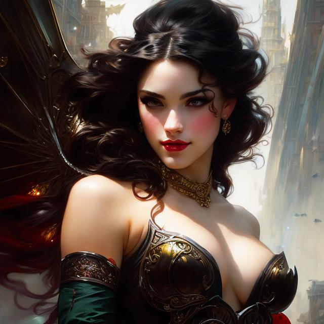 Prompt: Portrait splash art of a female fury, older, bleeding eyes, bat wings, wavy hair, feminine, dangerous, flirty, elegant, highly detailed, intricate, smooth, chiaroscuro, sharp focus, artstation, digital painting, concept art, art by greg rutkowski, alphonse mucha and John William Waterhouse, D&D, fantasy