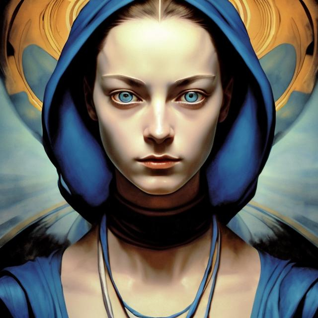 Prompt: splash art portrait of a young Bene Gesserit, art by Artemisia Gentileschi, beautiful, intense, blue eyes, Fremen, masterpiece, chiaroscuro, highly detailed, Dune, jewelry