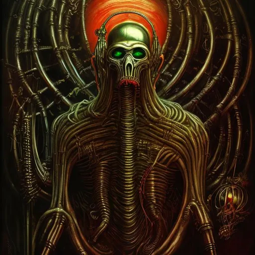 Prompt: Christmas as a beautiful man, personification, masterpiece, inspired by HR Giger , surreal art, red and green colors, golden light