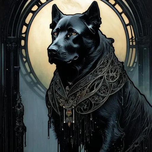 Prompt: Alphonse Mucha, Luis Royo; full body splash art of a scary black dog looking at the camera, magical, menacing, all black fur, detailed eyes, detailed face, elegant, intricate, details, detailed, hyperrealistic, splash art, realistic style, fantasy, elegant, highly detailed, smooth, chiaroscuro, sharp focus, artstation, digital painting, concept art, D&D, fantasy