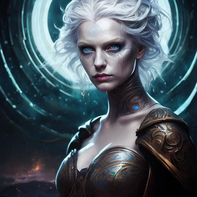 Prompt: splash art of a woman, white hair, bright blue eyes, Bene Gesserit, witch, mystical, body art, jewelry, highly detailed, cinematic lighting, beautiful, chiaroscuro, 8k, realistic, wearing a dramatic dress, open eyes, masterpiece, on the planet Arrakis, Dune, 