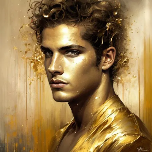 Prompt: art by Bastien Lecouffe Deharme and Billelis; splash art of the god Apollo, handsome, golden, sensual, looking at the camera, long golden hair, powerful, athletic, masculine, Greek, masterpiece, perfect male, highly detailed, detailed eyes, looking at the camera, fantasy, high definition, realistic, digital art, masterpiece, golden colors, 