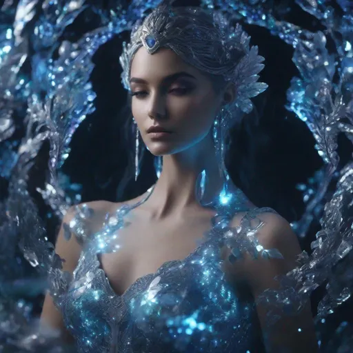 Prompt: Holy, Radiant, Majestic, 3D, HD, Cinematic lighting, (Beautiful {fae}Female, {liquid}silver jade sapphire), expansive ethereal background beautiful dark chaos, hyper realistic, 8K --s98500