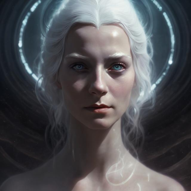 Prompt: portrait of a young woman, white hair, Bene Gesserit, witch, cinematic lighting, beautiful, chiaroscuro, 8k, realistic, wearing a dramatic dress, open eyes, masterpiece, on the planet Arrakis, Dune, 