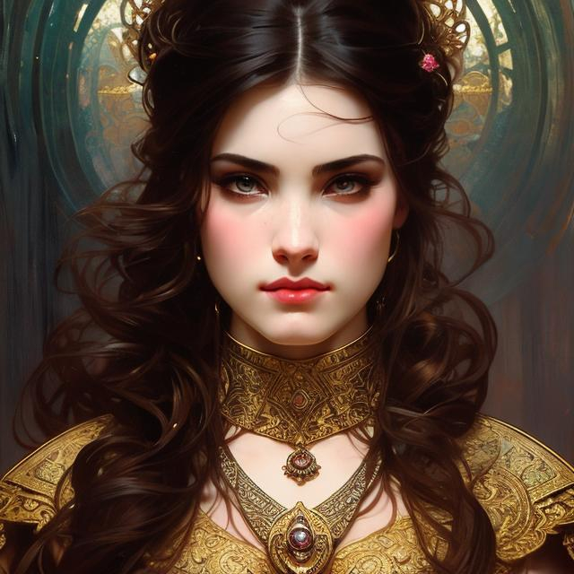 Prompt: Portrait splash art of a goddess, furious, angry, older, bloody tears, wavy hair, feminine, small chest, dangerous, flirty, elegant, highly detailed, intricate, smooth, chiaroscuro, sharp focus, artstation, digital painting, concept art, art by alphonse mucha and John William Waterhouse, D&D, fantasy