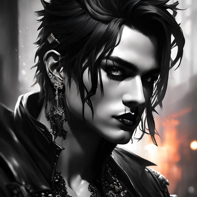 Prompt: half portrait splash art of the god of death, human man, detailed face, goth style, short hair, dark, dark colors, punk, leather pants, flirty, elegant, friendly, soft face, outside, cafe, piercings, androgynous, highly detailed, intricate, smooth, sharp focus, artstation, digital painting, concept art,art by greg rutkowski, alphonse mucha and John William Waterhouse, D&D, fantasy, 