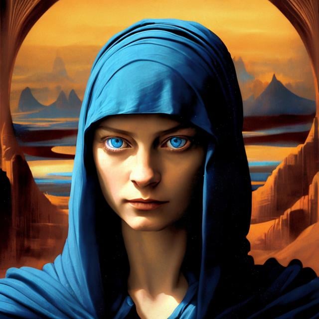 Prompt: splash art portrait of a young Bene Gesserit in the style of Renaissance painting, beautiful, intense, blue eyes, Fremen, masterpiece, chiaroscuro, highly detailed, Dune, jewellery