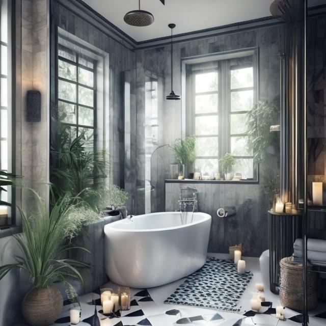 Prompt: a large bathroom with separate bathtub and shower, large windows, candles, plants, cozy, witchy, soft light, soft colors, bright, big room, chessboard floor