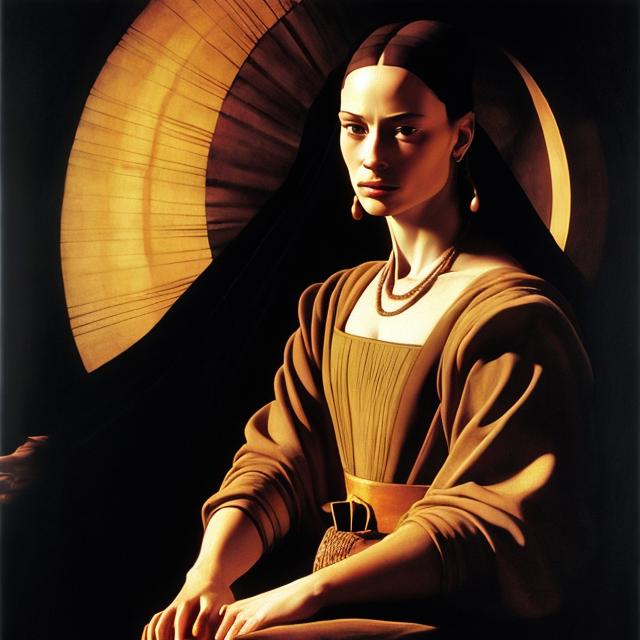 Prompt: full body portrait of a young Bene Gesserit, art by Artemisia Gentileschi, beautiful, masterpiece, chiaroscuro, highly detailed, Dune, jewelry