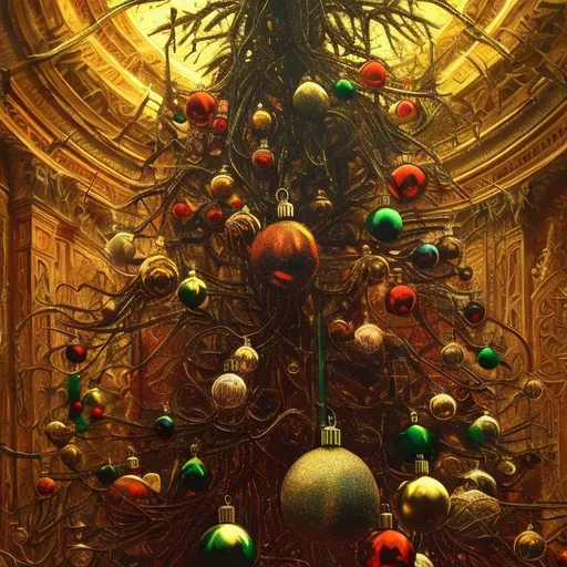 Prompt: Christmas tree, masterpiece, inspired by HR Giger , surreal art, red and green colors, golden light, highly detailed, baubles