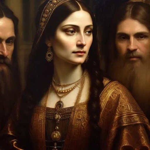 Prompt: renaissance portrait painting of the goddess Hecate, detailed face, looking at the camera, older, with dogs, long hair, feminine, small chest, dangerous, elegant, highly detailed, intricate, smooth, chiaroscuro, sharp focus, artstation, digital painting, concept art, art by greg rutkowski, John William Waterhouse, D&D, fantasy, at dusk