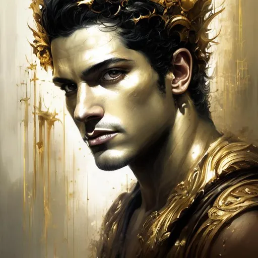 Prompt: art by Bastien Lecouffe Deharme and Billelis; splash art of the god Hermes in his 40s, handsome, golden, sensual, looking at the camera, powerful, cunning, androgynous, Greek, masterpiece, highly detailed, detailed eyes, looking at the camera, fantasy, high definition, realistic, digital art, masterpiece, caduceus