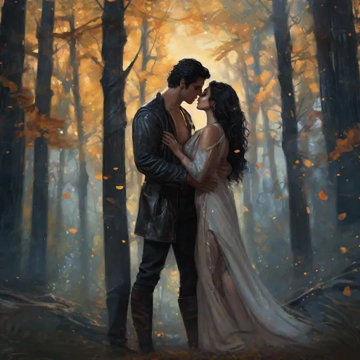 Prompt: full body photograph of a tall man and woman, Greek ancestry, in love, older, dark hair, dark leather, outside in the forest, kissing, in love, embracing, detailed eyes, detailed face, detailed, hyperrealistic, splash art, realistic style, fantasy