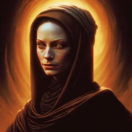 Prompt: portrait of a young woman, Bene Gesserit, witch, cinematic lighting, beautiful, chiaroscuro, 8k, realistic, wearing a dramatic dress, open eyes, masterpiece, on the planet Arrakis, Dune, 
