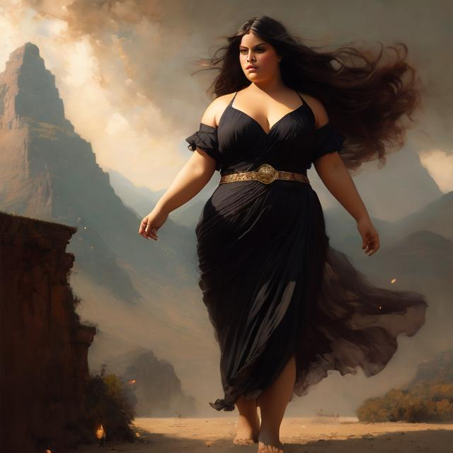 Prompt: full body image of a chubby woman, beautiful, friendly, masterpiece, long hair, sensual, desire, dark colors, open eyes, visible face, 8k, highly detailed, intricate, smooth, sharp focus, artstation, digital painting, concept art, art by greg rutkowski and John William Waterhouse, D&D, fantasy