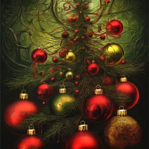 Prompt: Christmas tree, baubles, masterpiece, inspired by HR Giger , surreal art, red and green colors, golden light, highly detailed