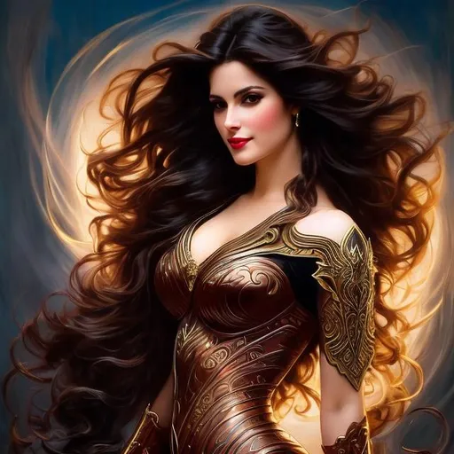 Prompt: Full body painting of a female fury, in her 40s beautiful, wavy hair, feminine,, charming, flirty, elegant, menacing, bleeding eyes, bat wings, highly detailed, intricate, smooth, chiaroscuro, sharp focus, artstation, digital painting, concept art, art by greg rutkowski, alphonse mucha and John William Waterhouse, D&D, fantasy