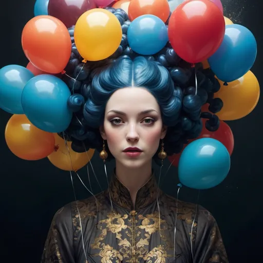 Prompt: splash art portrait by Bastien Lecouffe-Deharme, Hayv Kahraman, Erik Madigan Heck, Nicholas Hughes, Nicholas Hilliard, Daarken, faerietale couture, dark fantasy goddess, goddess of balloons, highly detailed, shiny, balloon hair, bright balloons