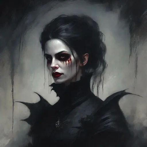 Prompt: an oil painting portrait of a female vampire, gothic, dark, dread, horror, dark atmosphere, melancholic, sad, dark fantasy, style of vampire,